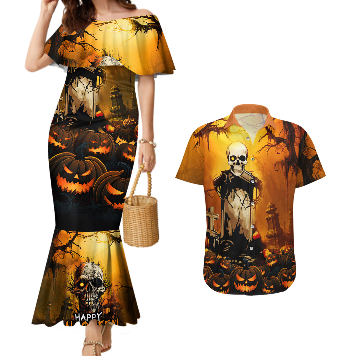 Happy Halloween Party Couples Matching Mermaid Dress and Hawaiian Shirt - Wonder Print Shop