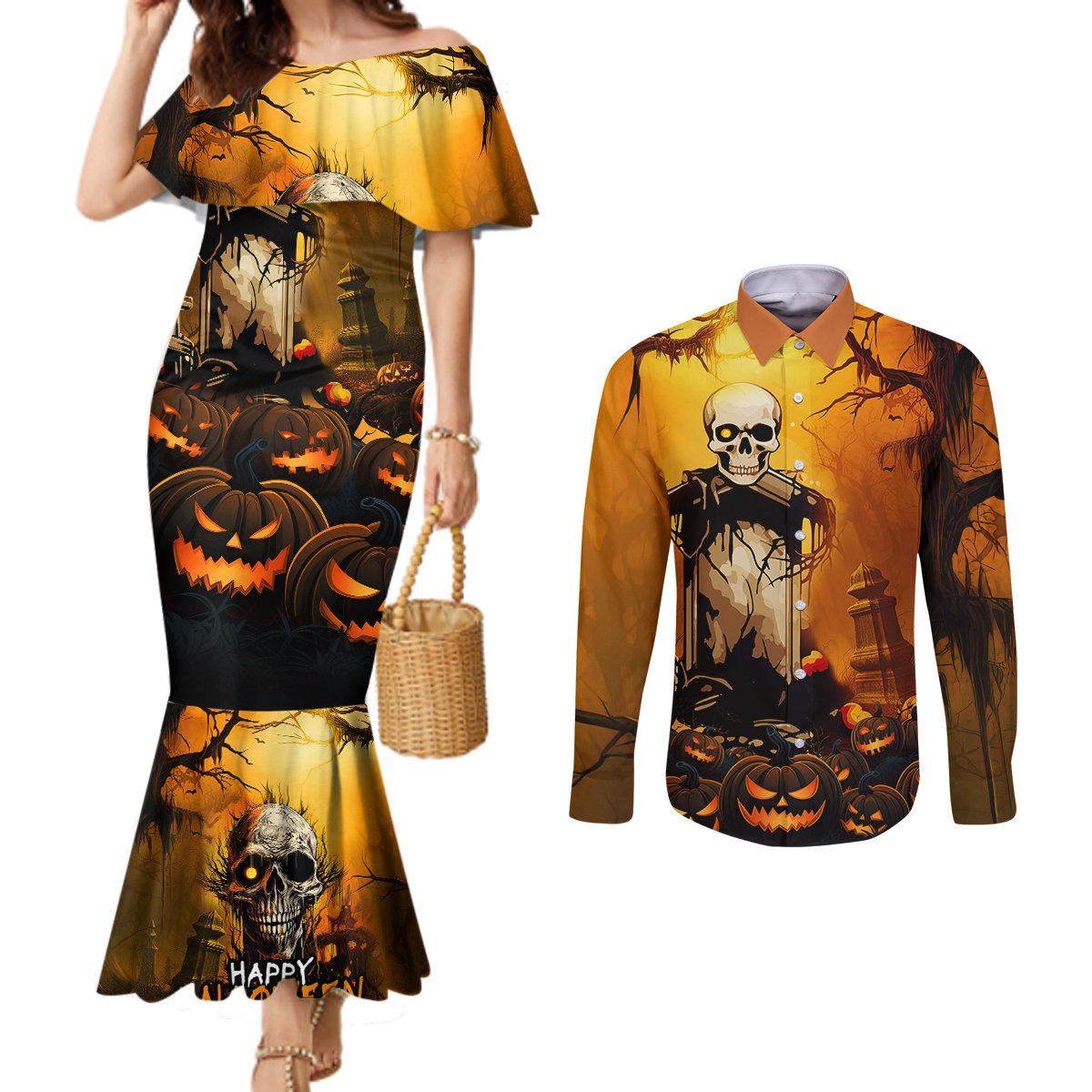 happy-halloween-party-couples-matching-mermaid-dress-and-long-sleeve-button-shirts