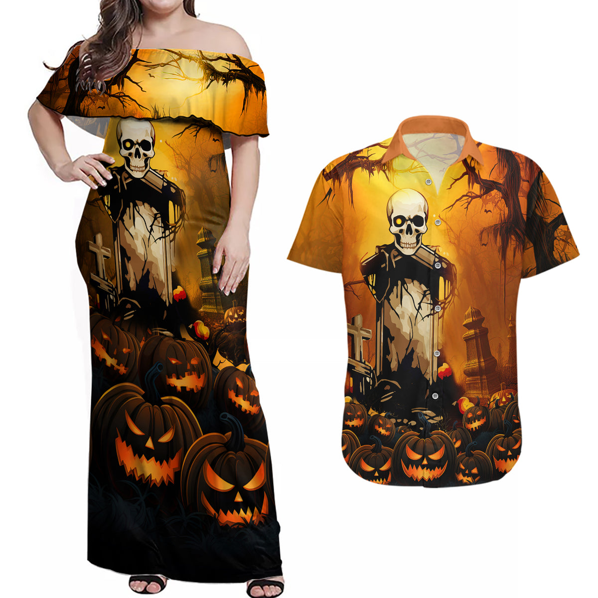Happy Halloween Party Couples Matching Off Shoulder Maxi Dress and Hawaiian Shirt - Wonder Print Shop