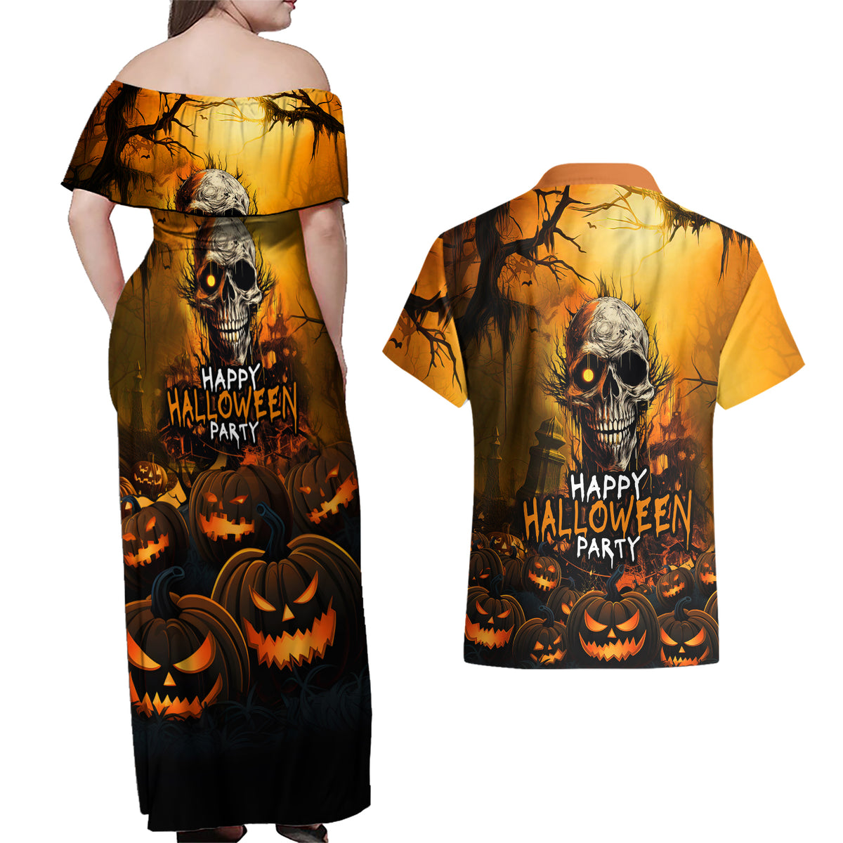 Happy Halloween Party Couples Matching Off Shoulder Maxi Dress and Hawaiian Shirt - Wonder Print Shop