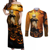 Happy Halloween Party Couples Matching Off Shoulder Maxi Dress and Long Sleeve Button Shirts - Wonder Print Shop