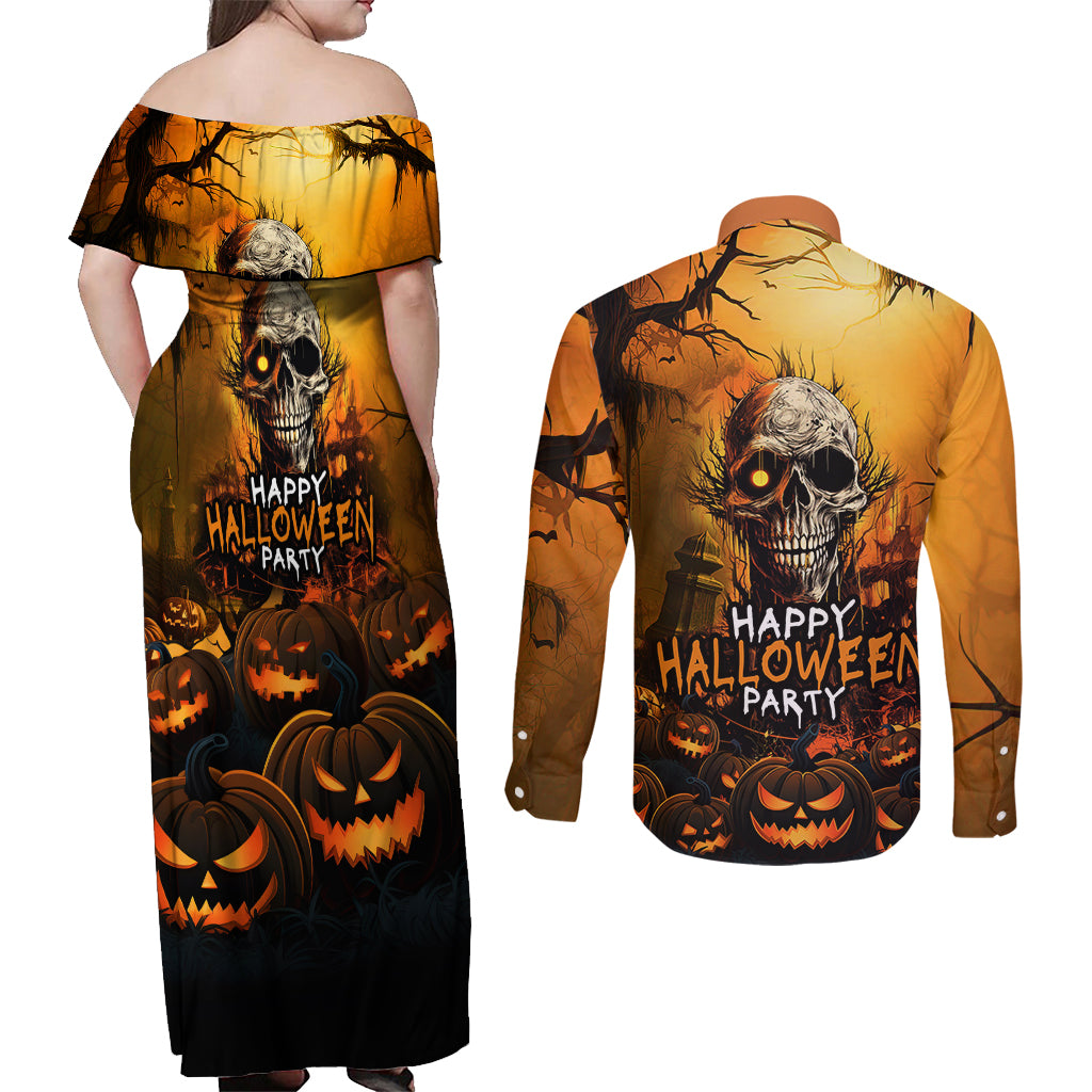 Happy Halloween Party Couples Matching Off Shoulder Maxi Dress and Long Sleeve Button Shirts - Wonder Print Shop