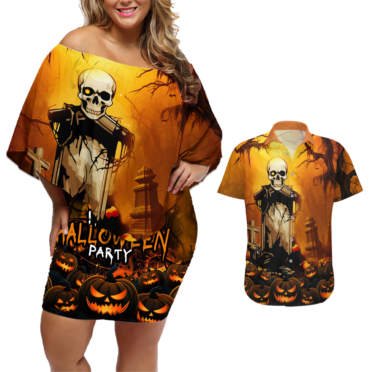 Happy Halloween Party Couples Matching Off Shoulder Short Dress and Hawaiian Shirt - Wonder Print Shop