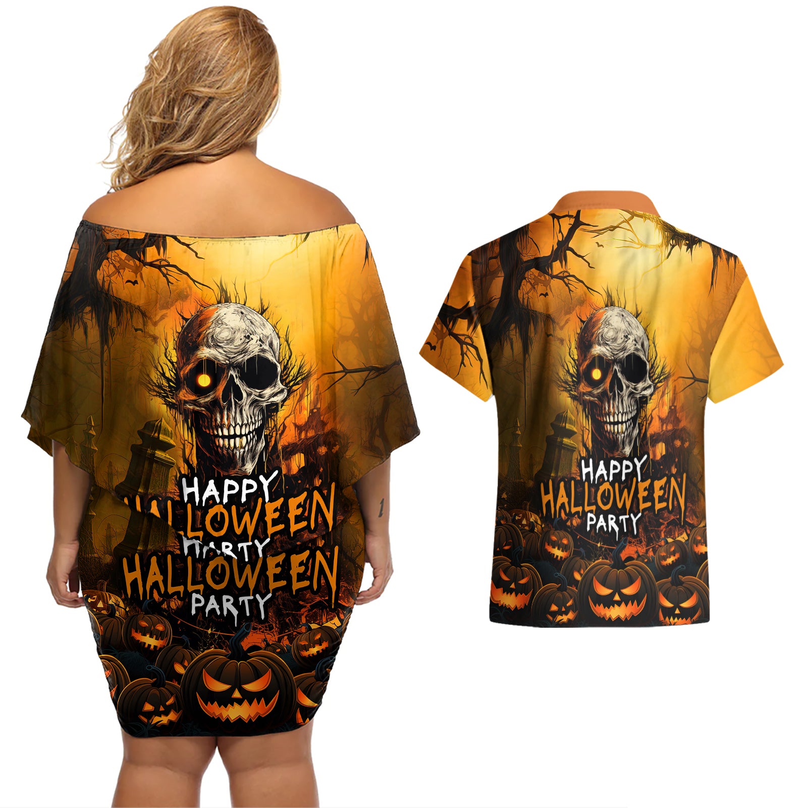 Happy Halloween Party Couples Matching Off Shoulder Short Dress and Hawaiian Shirt - Wonder Print Shop
