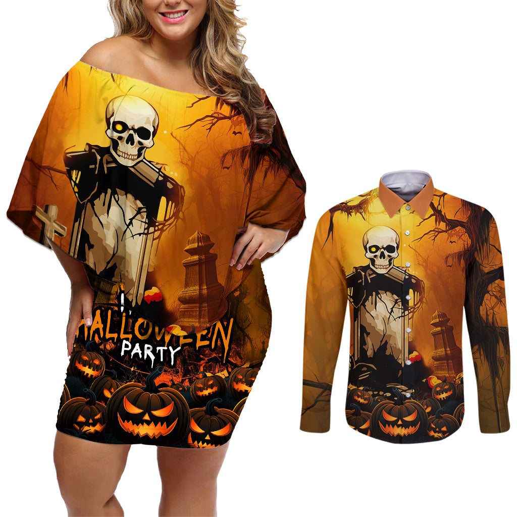 Happy Halloween Party Couples Matching Off Shoulder Short Dress and Long Sleeve Button Shirts - Wonder Print Shop