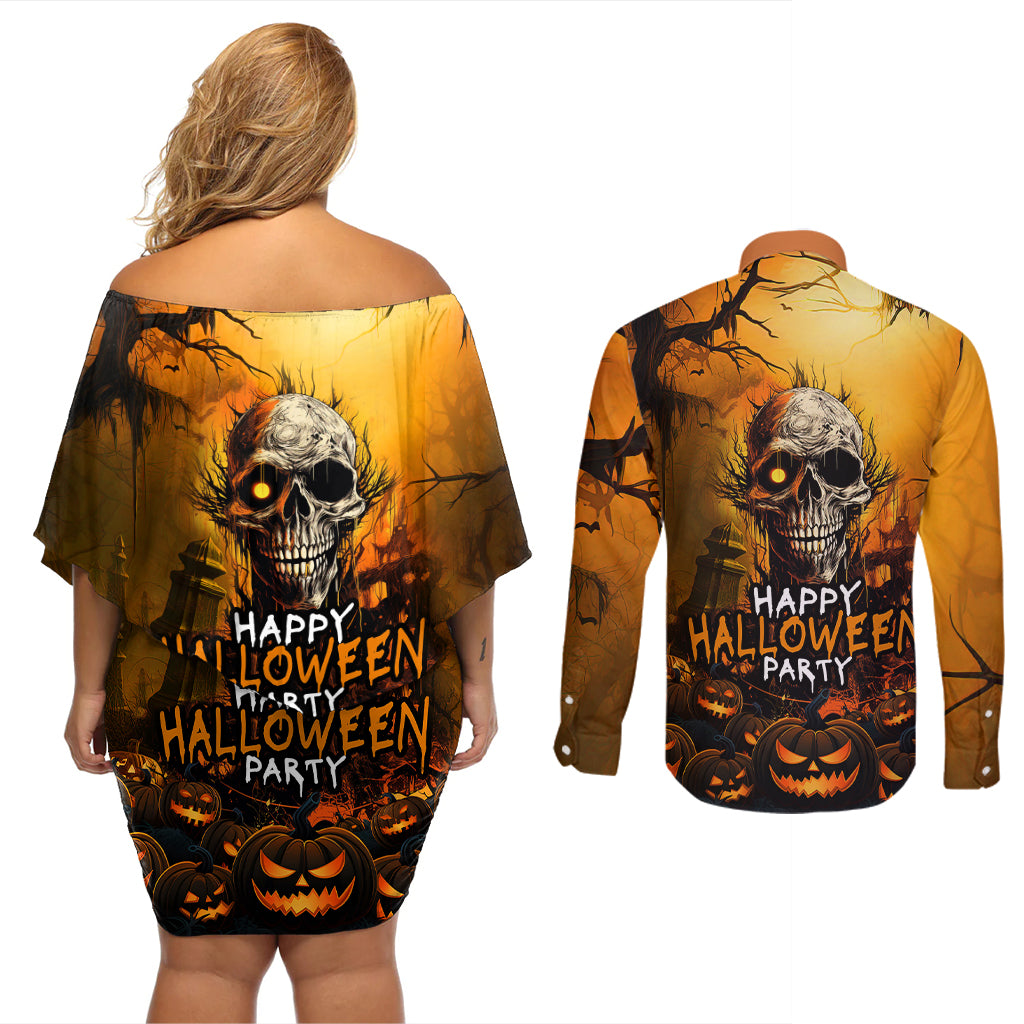 Happy Halloween Party Couples Matching Off Shoulder Short Dress and Long Sleeve Button Shirts - Wonder Print Shop