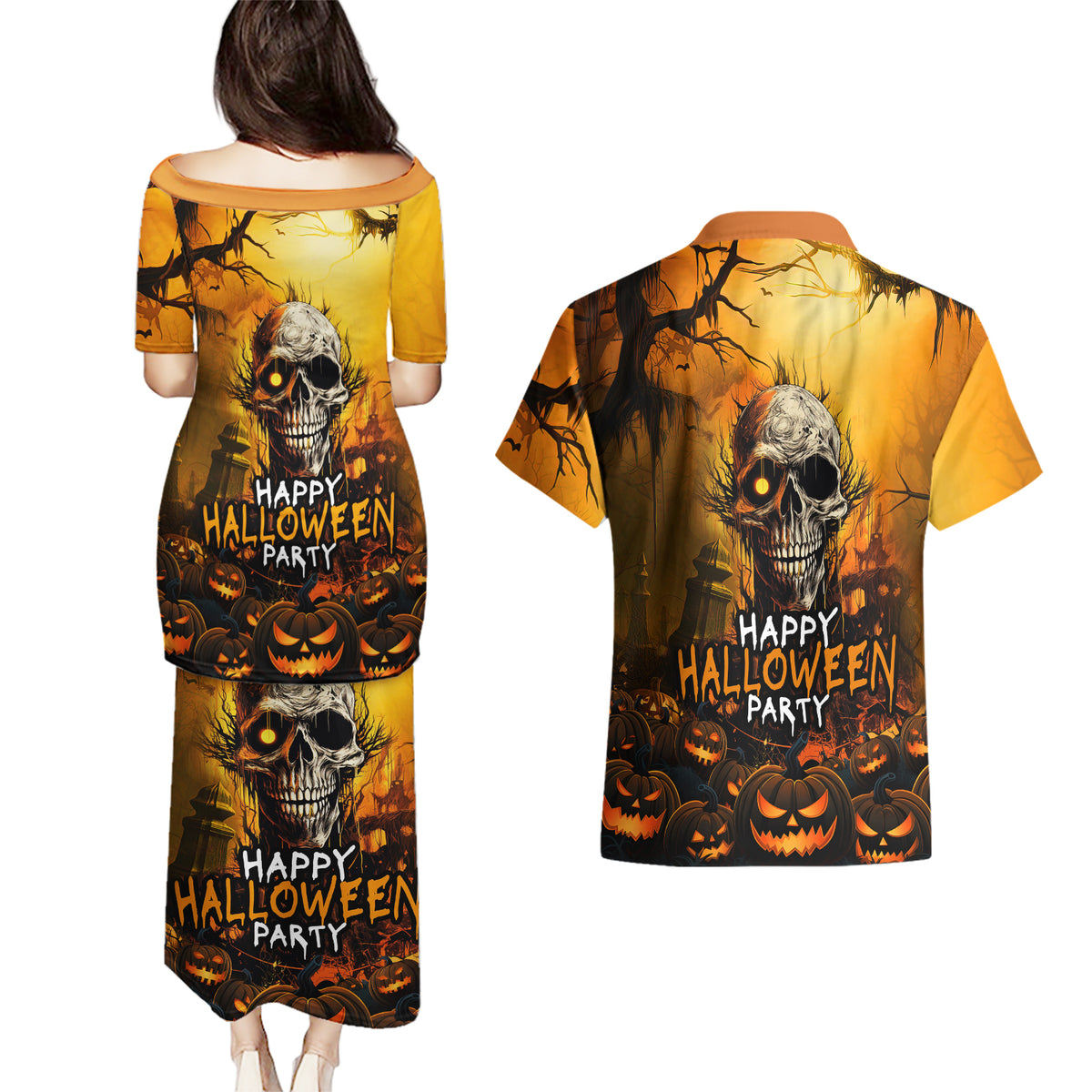 Happy Halloween Party Couples Matching Puletasi Dress and Hawaiian Shirt - Wonder Print Shop