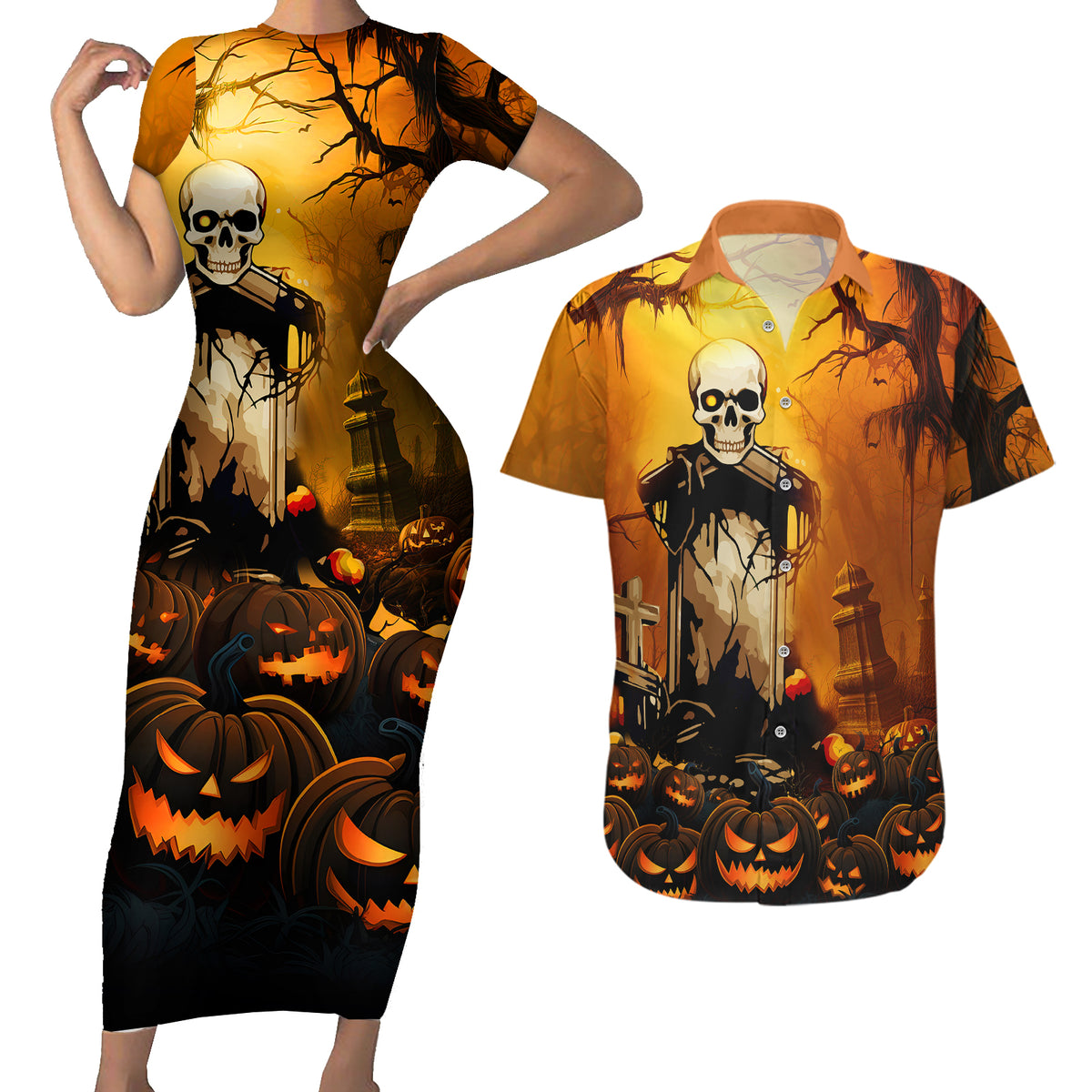 Happy Halloween Party Couples Matching Short Sleeve Bodycon Dress and Hawaiian Shirt - Wonder Print Shop