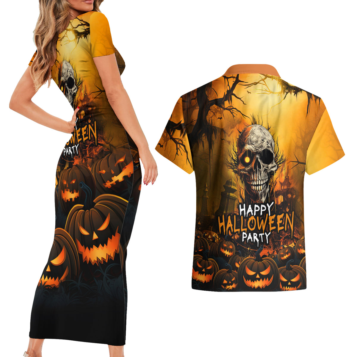 Happy Halloween Party Couples Matching Short Sleeve Bodycon Dress and Hawaiian Shirt - Wonder Print Shop