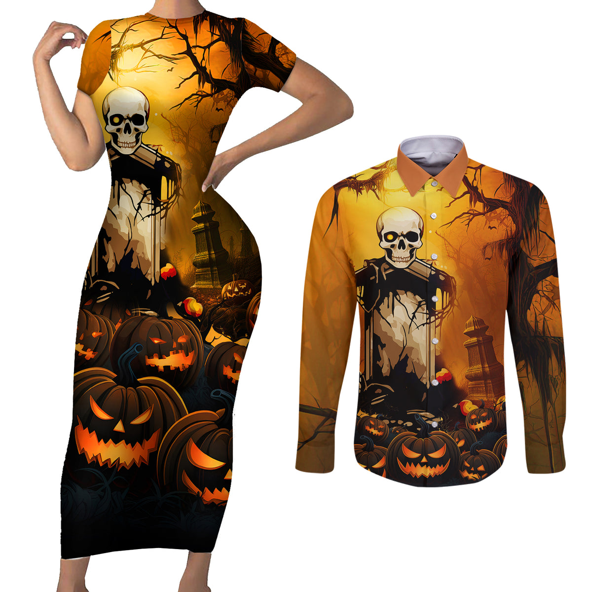Happy Halloween Party Couples Matching Short Sleeve Bodycon Dress and Long Sleeve Button Shirts - Wonder Print Shop