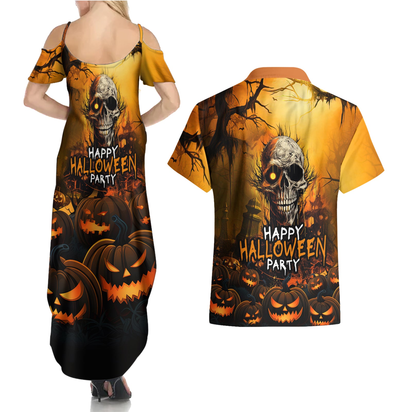 Happy Halloween Party Couples Matching Summer Maxi Dress and Hawaiian Shirt - Wonder Print Shop