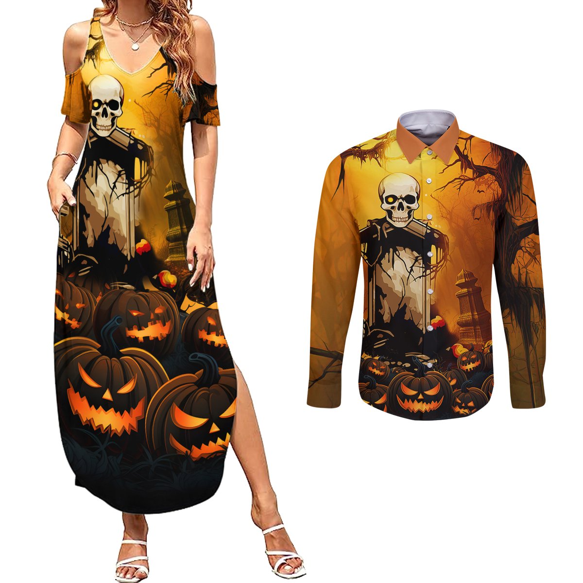 Happy Halloween Party Couples Matching Summer Maxi Dress and Long Sleeve Button Shirts - Wonder Print Shop