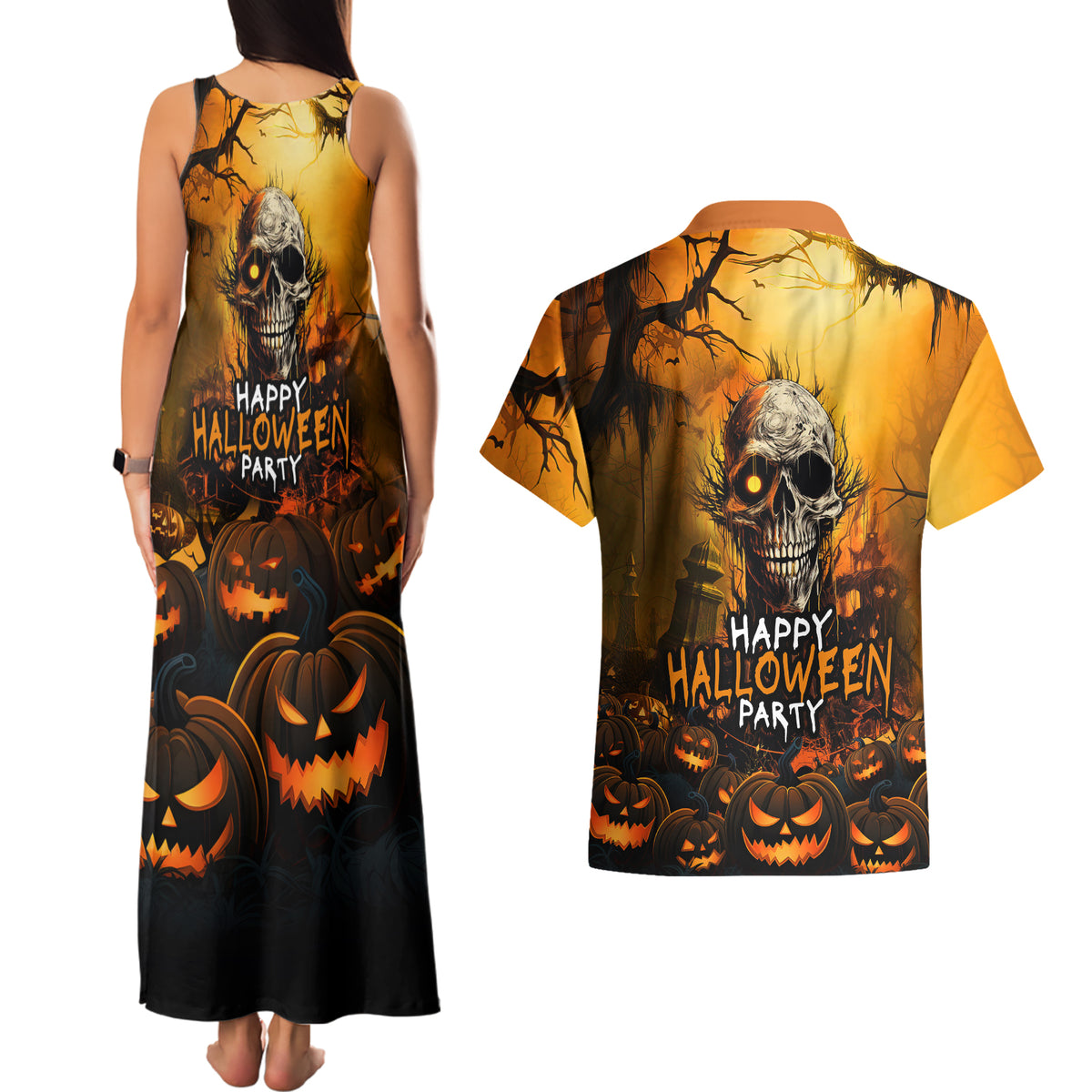 Happy Halloween Party Couples Matching Tank Maxi Dress and Hawaiian Shirt - Wonder Print Shop