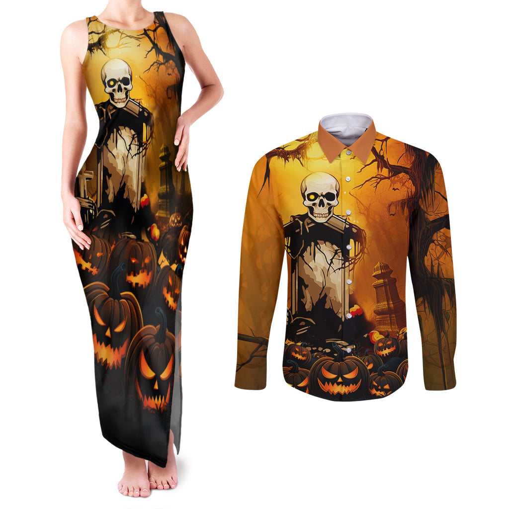 Happy Halloween Party Couples Matching Tank Maxi Dress and Long Sleeve Button Shirts - Wonder Print Shop