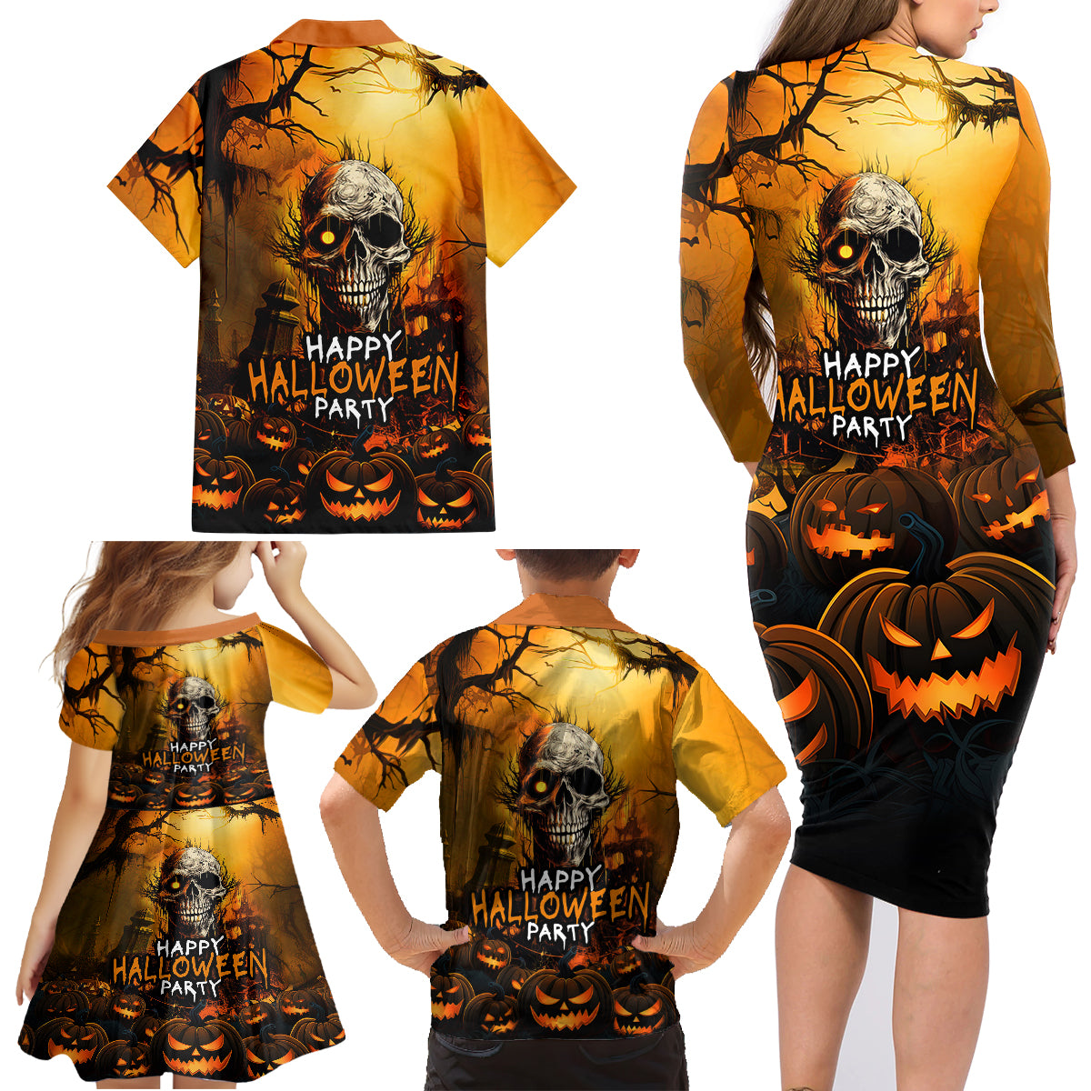 Happy Halloween Party Family Matching Long Sleeve Bodycon Dress and Hawaiian Shirt - Wonder Print Shop
