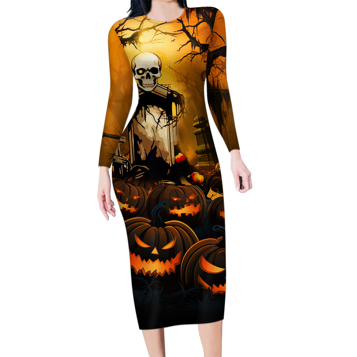 Happy Halloween Party Family Matching Long Sleeve Bodycon Dress and Hawaiian Shirt - Wonder Print Shop