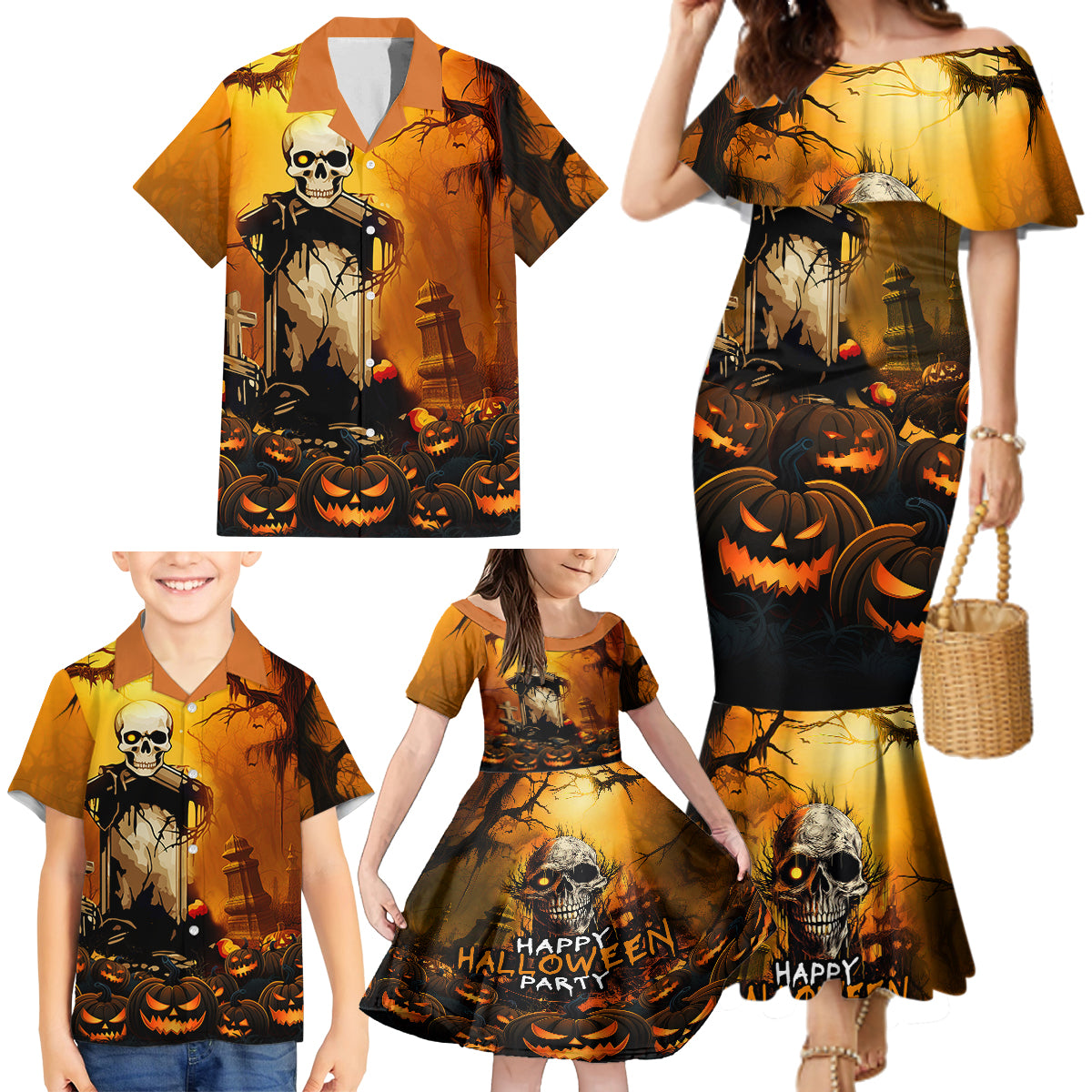 Happy Halloween Party Family Matching Mermaid Dress and Hawaiian Shirt - Wonder Print Shop