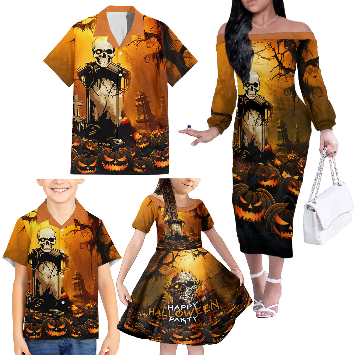 Happy Halloween Party Family Matching Off Shoulder Long Sleeve Dress and Hawaiian Shirt - Wonder Print Shop