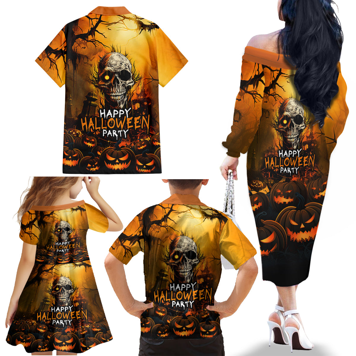Happy Halloween Party Family Matching Off Shoulder Long Sleeve Dress and Hawaiian Shirt - Wonder Print Shop