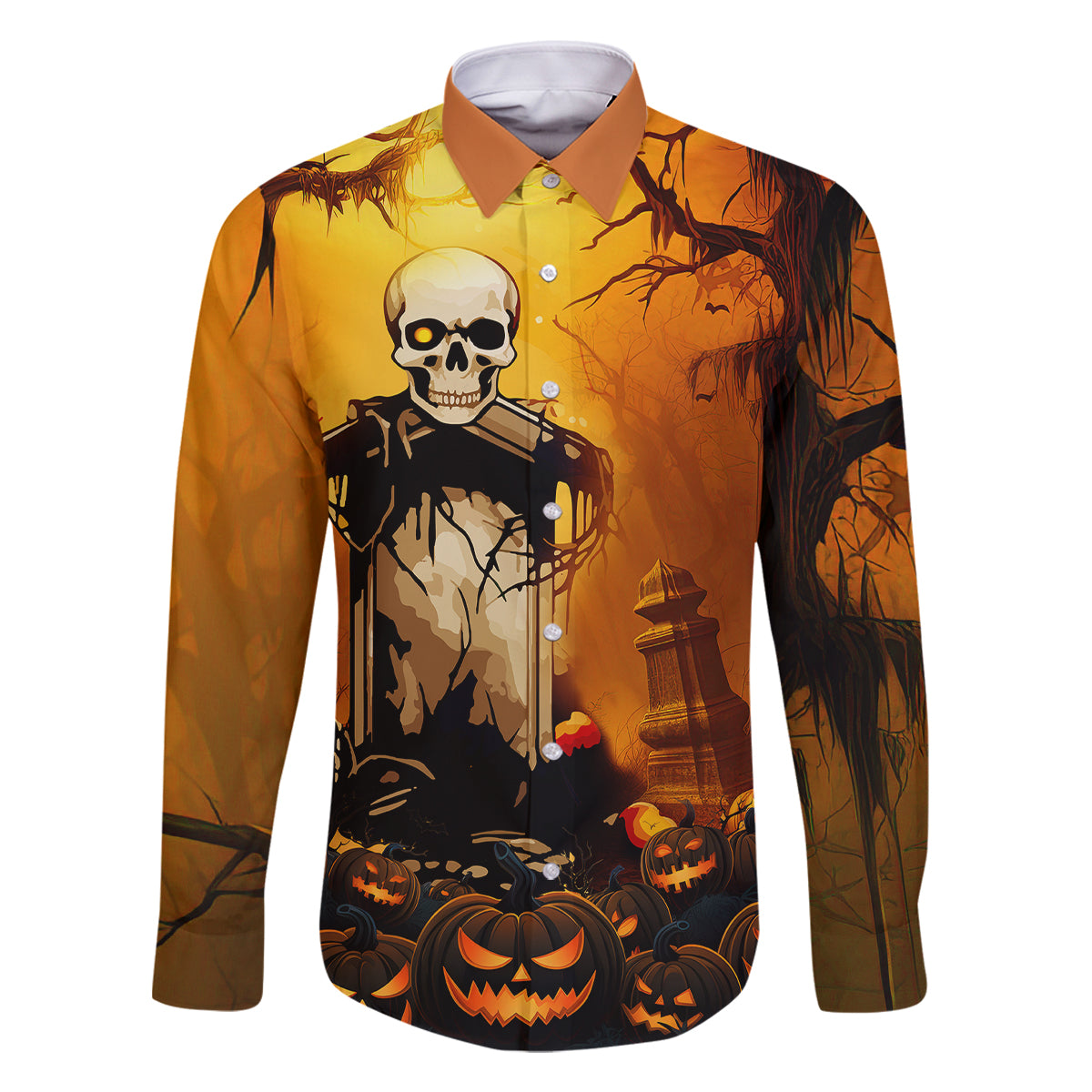 Happy Halloween Party Family Matching Off Shoulder Long Sleeve Dress and Hawaiian Shirt - Wonder Print Shop