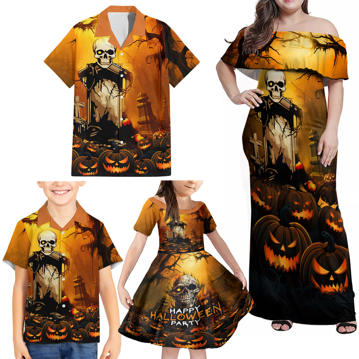 Happy Halloween Party Family Matching Off Shoulder Maxi Dress and Hawaiian Shirt - Wonder Print Shop