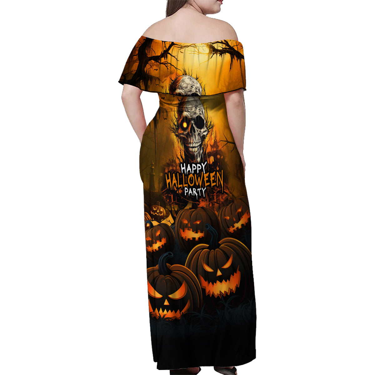 Happy Halloween Party Family Matching Off Shoulder Maxi Dress and Hawaiian Shirt - Wonder Print Shop