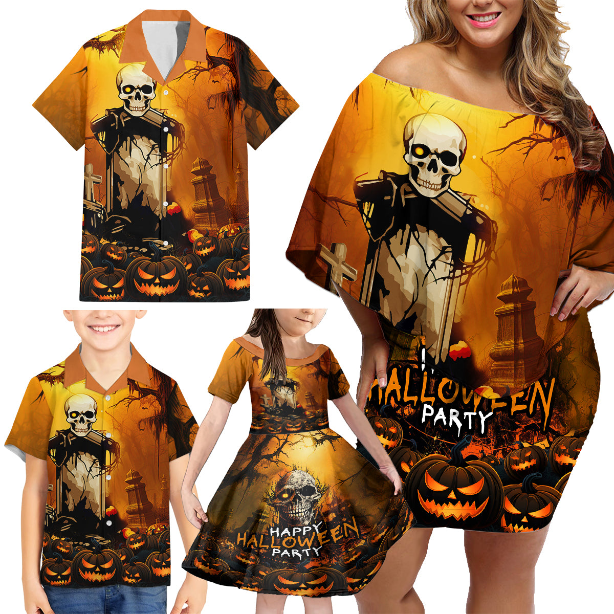 Happy Halloween Party Family Matching Off Shoulder Short Dress and Hawaiian Shirt - Wonder Print Shop