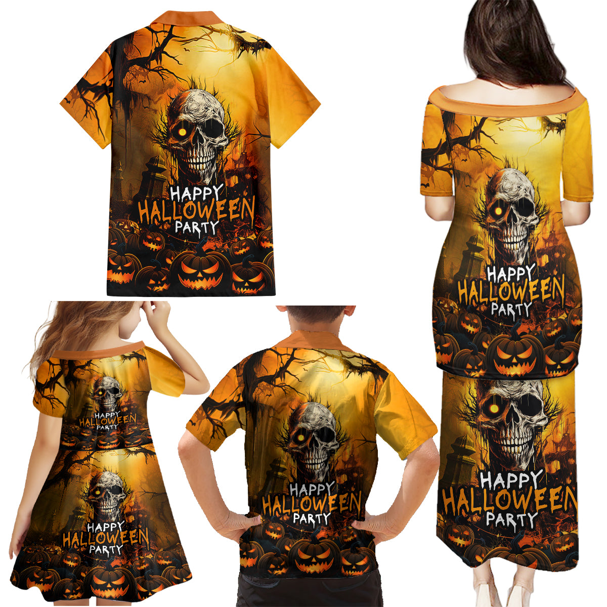 Happy Halloween Party Family Matching Puletasi Dress and Hawaiian Shirt - Wonder Print Shop