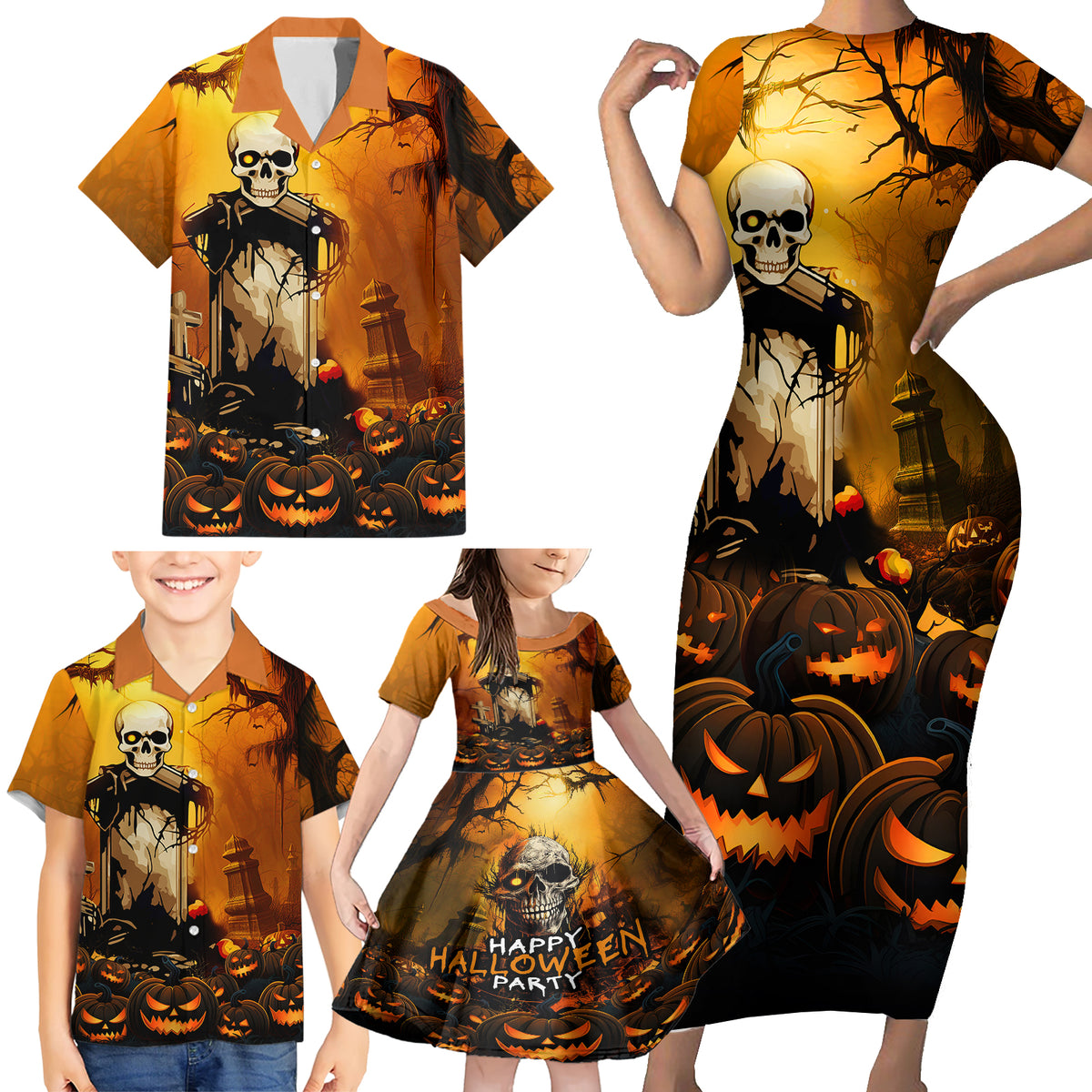 Happy Halloween Party Family Matching Short Sleeve Bodycon Dress and Hawaiian Shirt - Wonder Print Shop