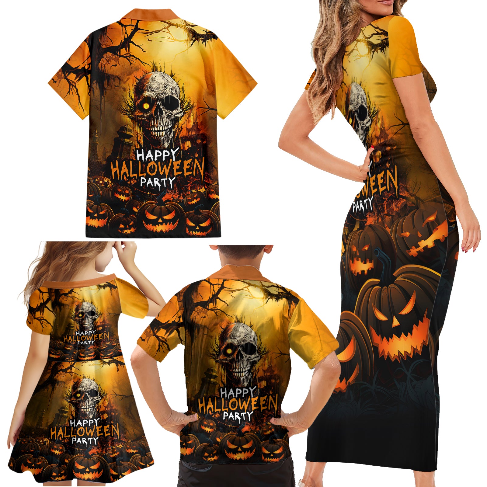 Happy Halloween Party Family Matching Short Sleeve Bodycon Dress and Hawaiian Shirt - Wonder Print Shop