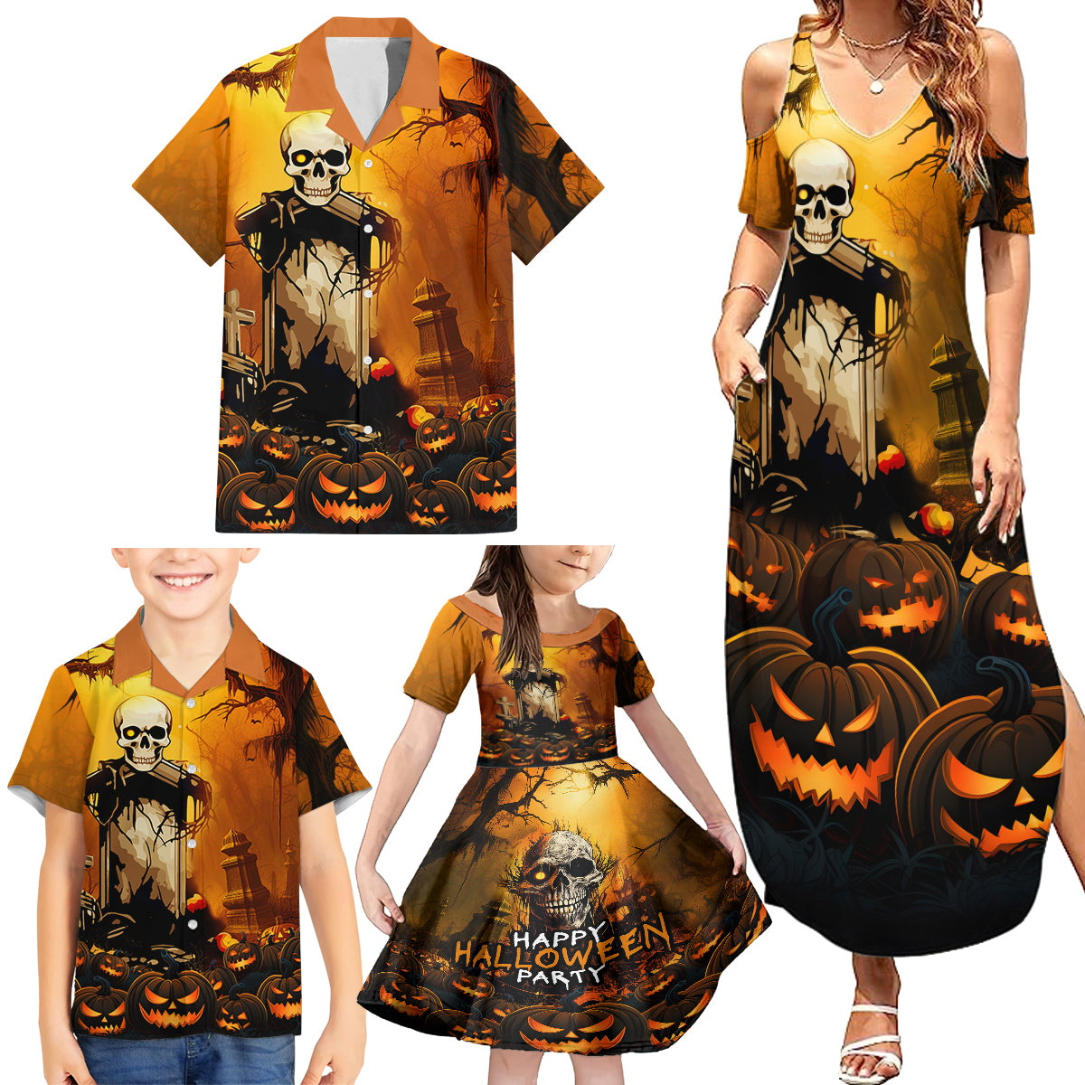 Happy Halloween Party Family Matching Summer Maxi Dress and Hawaiian Shirt - Wonder Print Shop
