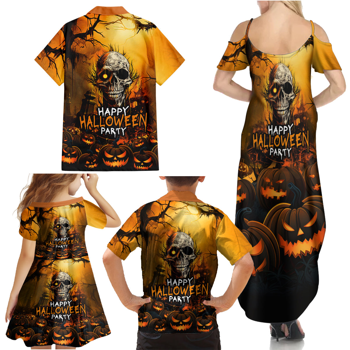 Happy Halloween Party Family Matching Summer Maxi Dress and Hawaiian Shirt - Wonder Print Shop