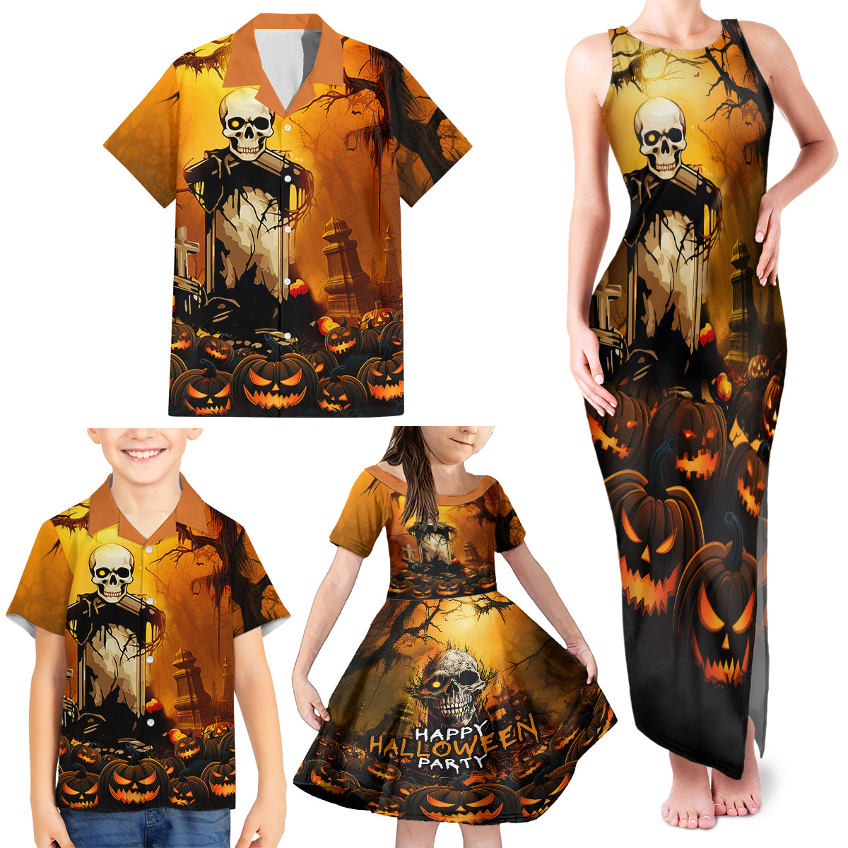 Happy Halloween Party Family Matching Tank Maxi Dress and Hawaiian Shirt - Wonder Print Shop