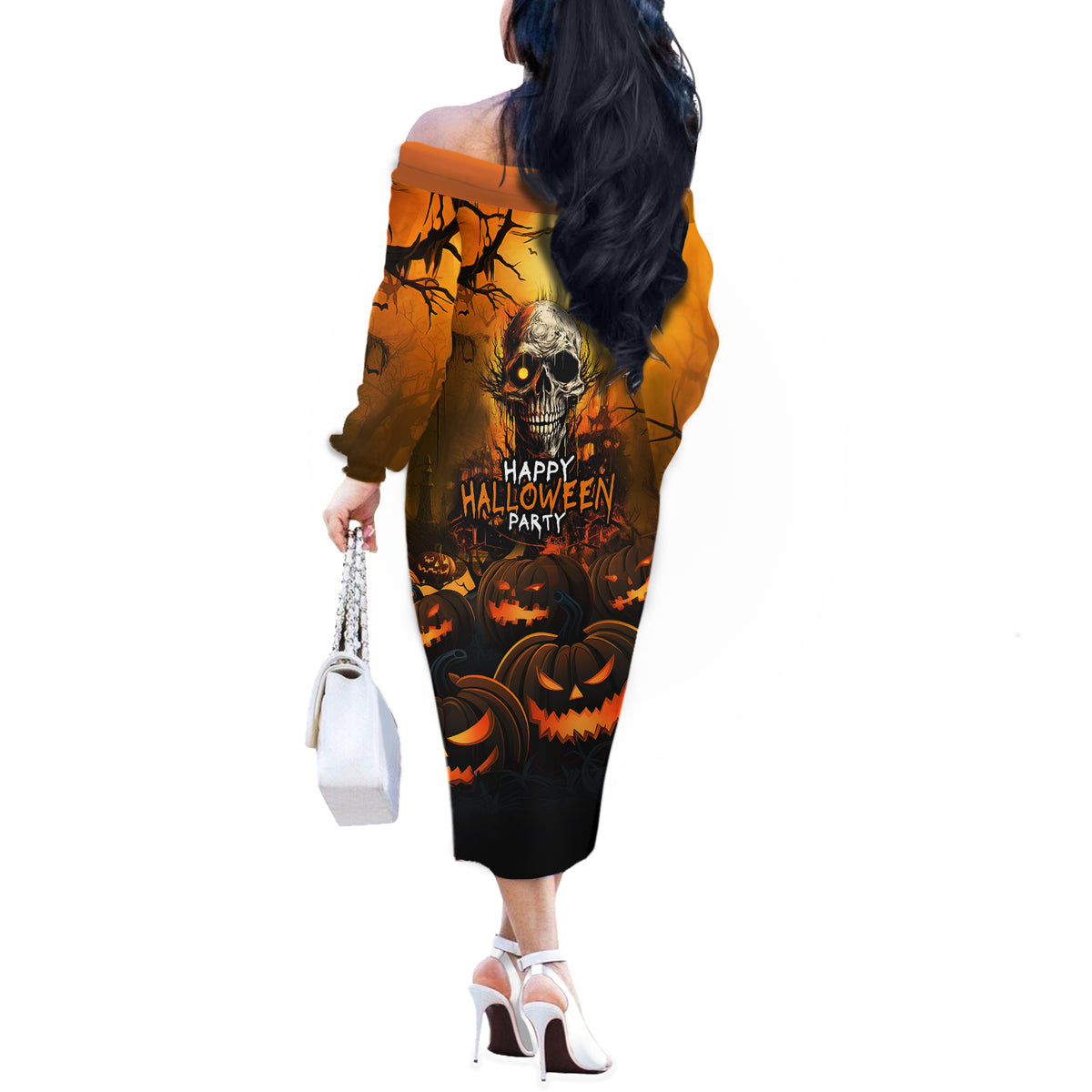 Happy Halloween Party Off The Shoulder Long Sleeve Dress - Wonder Print Shop