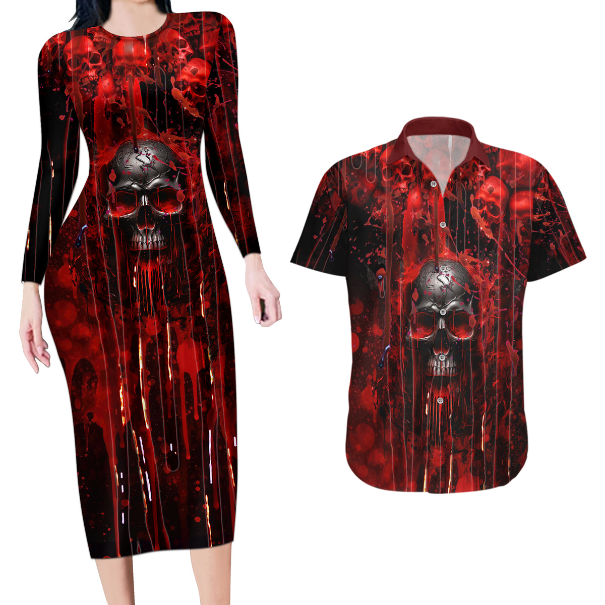 If You Kick Me When I'm Down You Better Pray I Don't Get Up Skull Couples Matching Long Sleeve Bodycon Dress and Hawaiian Shirt - Wonder Print Shop
