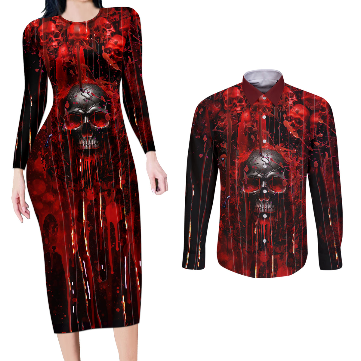 If You Kick Me When I'm Down You Better Pray I Don't Get Up Skull Couples Matching Long Sleeve Bodycon Dress and Long Sleeve Button Shirts - Wonder Print Shop