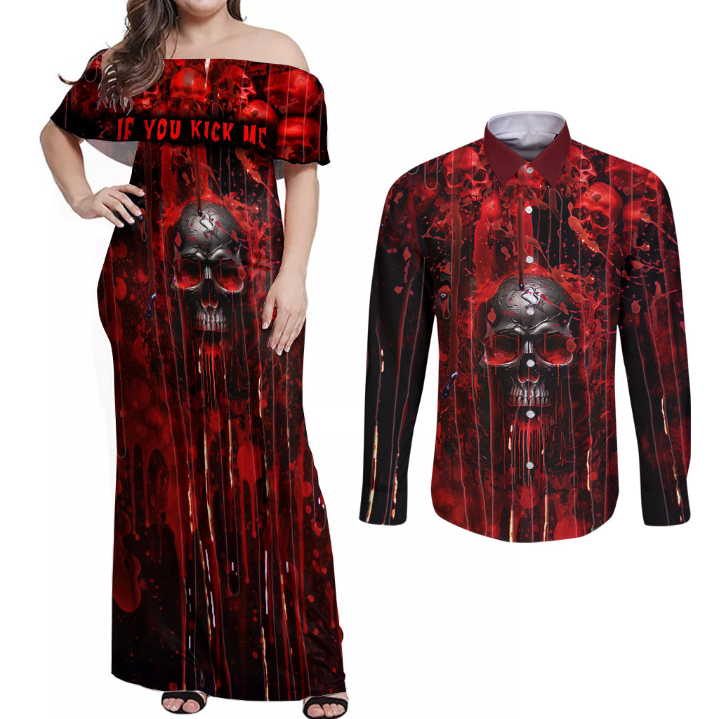 If You Kick Me When I'm Down You Better Pray I Don't Get Up Skull Couples Matching Off Shoulder Maxi Dress and Long Sleeve Button Shirts - Wonder Print Shop