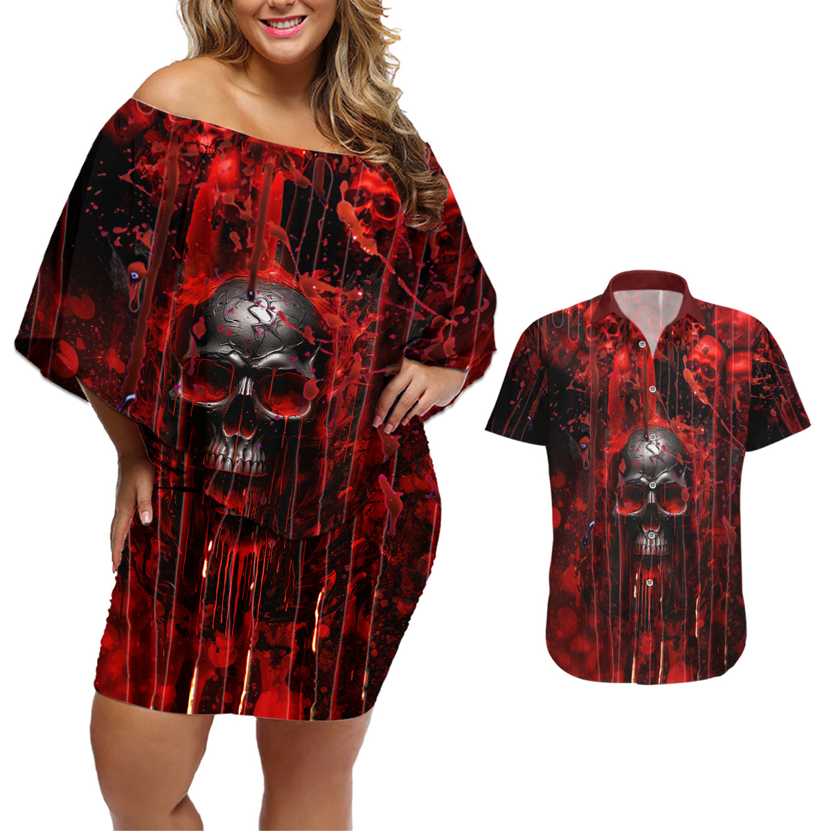 If You Kick Me When I'm Down You Better Pray I Don't Get Up Skull Couples Matching Off Shoulder Short Dress and Hawaiian Shirt - Wonder Print Shop