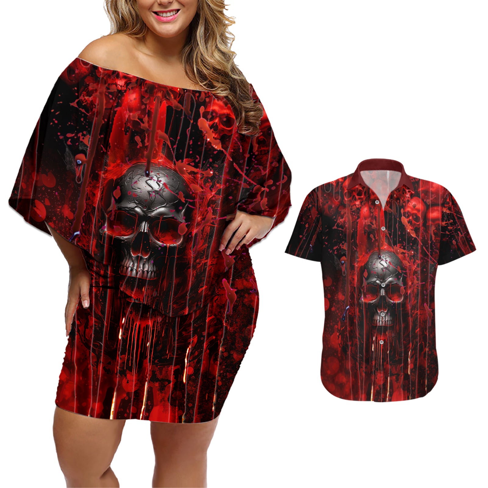 If You Kick Me When I'm Down You Better Pray I Don't Get Up Skull Couples Matching Off Shoulder Short Dress and Hawaiian Shirt - Wonder Print Shop