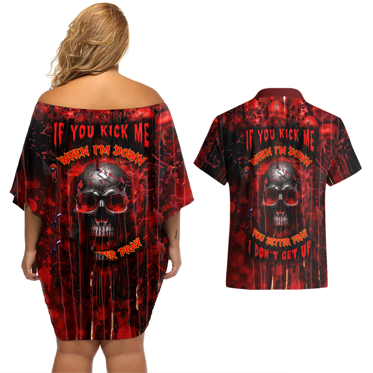 If You Kick Me When I'm Down You Better Pray I Don't Get Up Skull Couples Matching Off Shoulder Short Dress and Hawaiian Shirt - Wonder Print Shop
