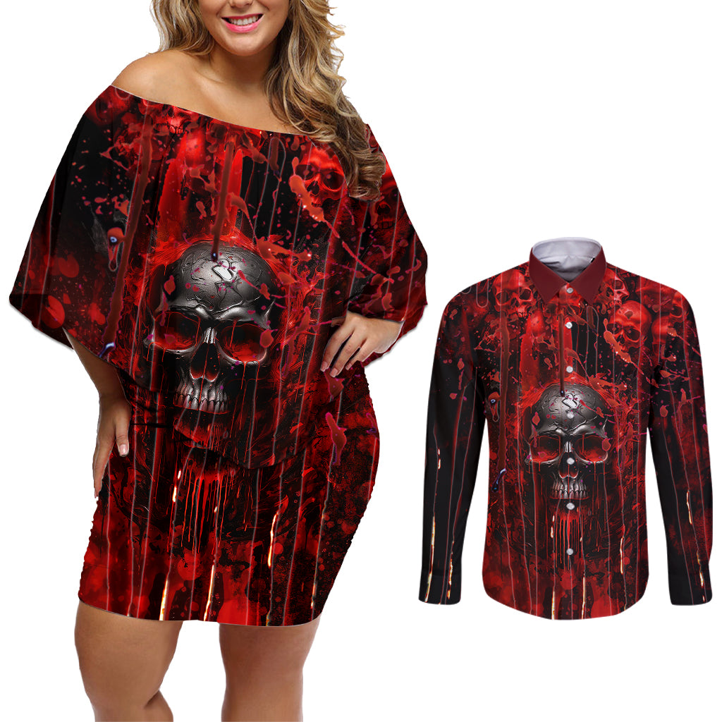 If You Kick Me When I'm Down You Better Pray I Don't Get Up Skull Couples Matching Off Shoulder Short Dress and Long Sleeve Button Shirts - Wonder Print Shop