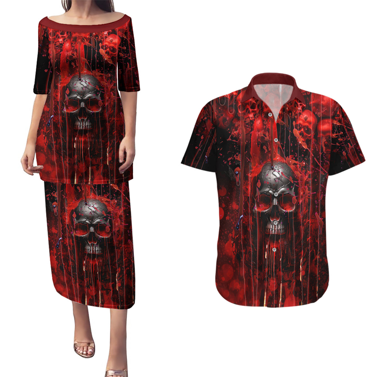 If You Kick Me When I'm Down You Better Pray I Don't Get Up Skull Couples Matching Puletasi Dress and Hawaiian Shirt - Wonder Print Shop