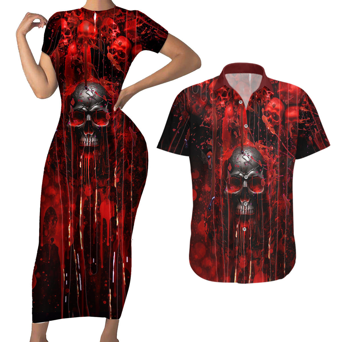 If You Kick Me When I'm Down You Better Pray I Don't Get Up Skull Couples Matching Short Sleeve Bodycon Dress and Hawaiian Shirt - Wonder Print Shop