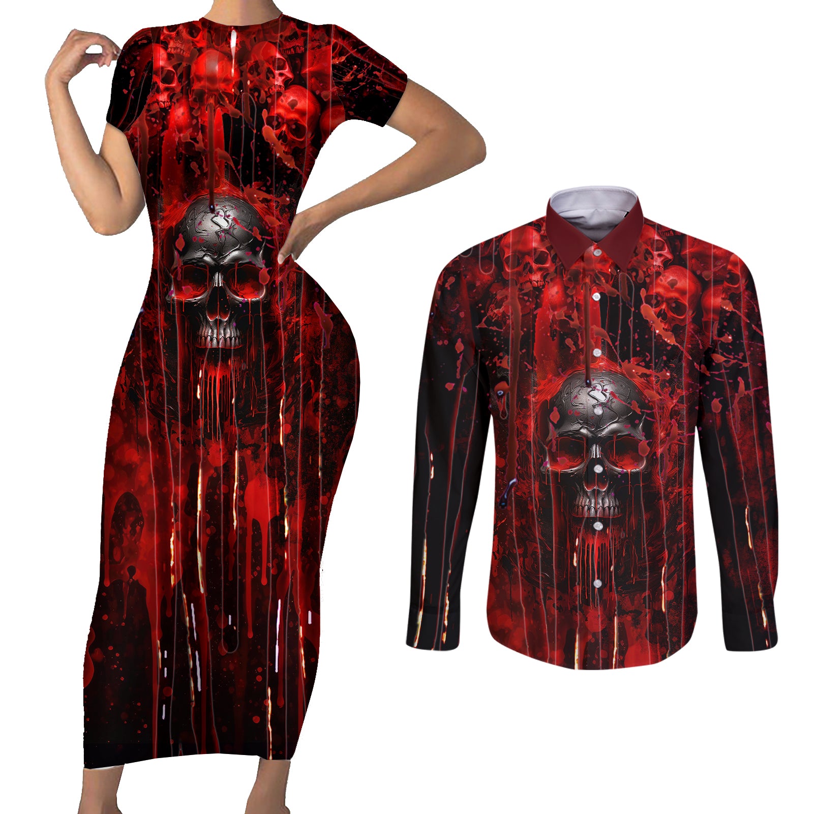 If You Kick Me When I'm Down You Better Pray I Don't Get Up Skull Couples Matching Short Sleeve Bodycon Dress and Long Sleeve Button Shirts - Wonder Print Shop
