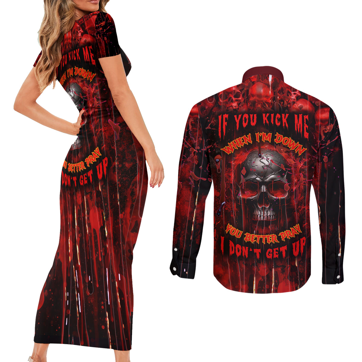 If You Kick Me When I'm Down You Better Pray I Don't Get Up Skull Couples Matching Short Sleeve Bodycon Dress and Long Sleeve Button Shirts - Wonder Print Shop