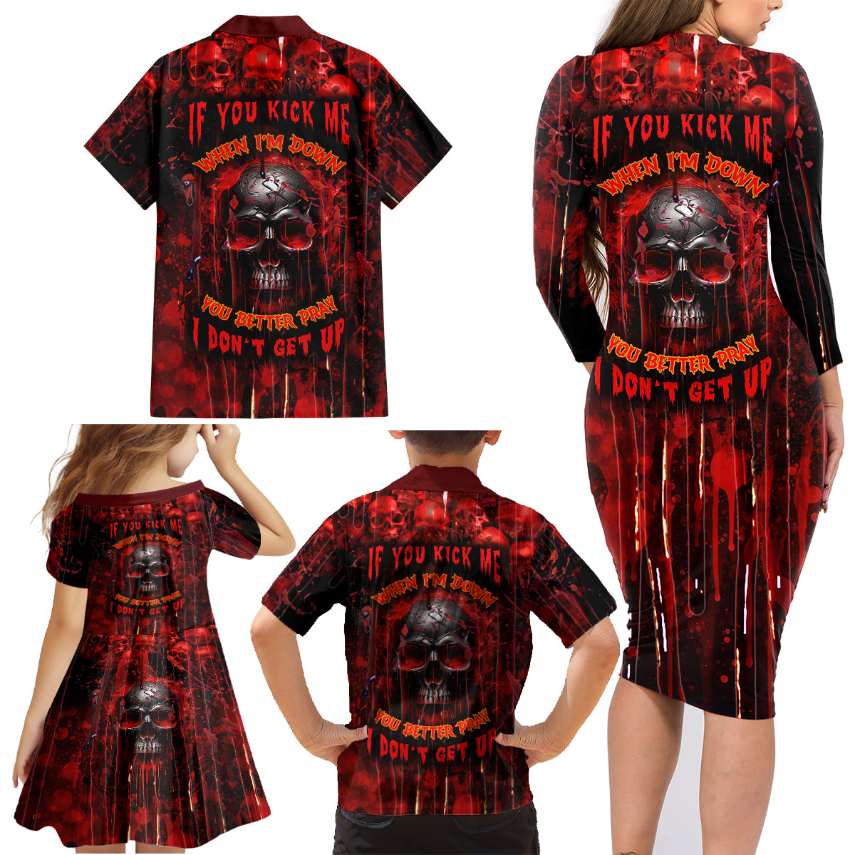 If You Kick Me When I'm Down You Better Pray I Don't Get Up Skull Family Matching Long Sleeve Bodycon Dress and Hawaiian Shirt - Wonder Print Shop