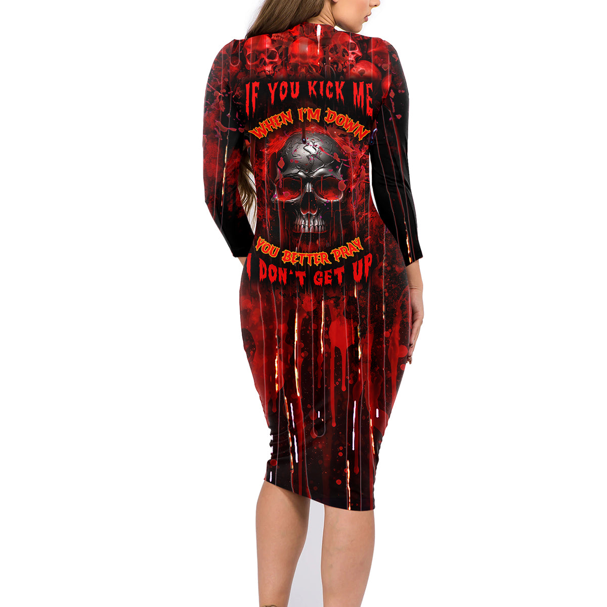 If You Kick Me When I'm Down You Better Pray I Don't Get Up Skull Family Matching Long Sleeve Bodycon Dress and Hawaiian Shirt - Wonder Print Shop