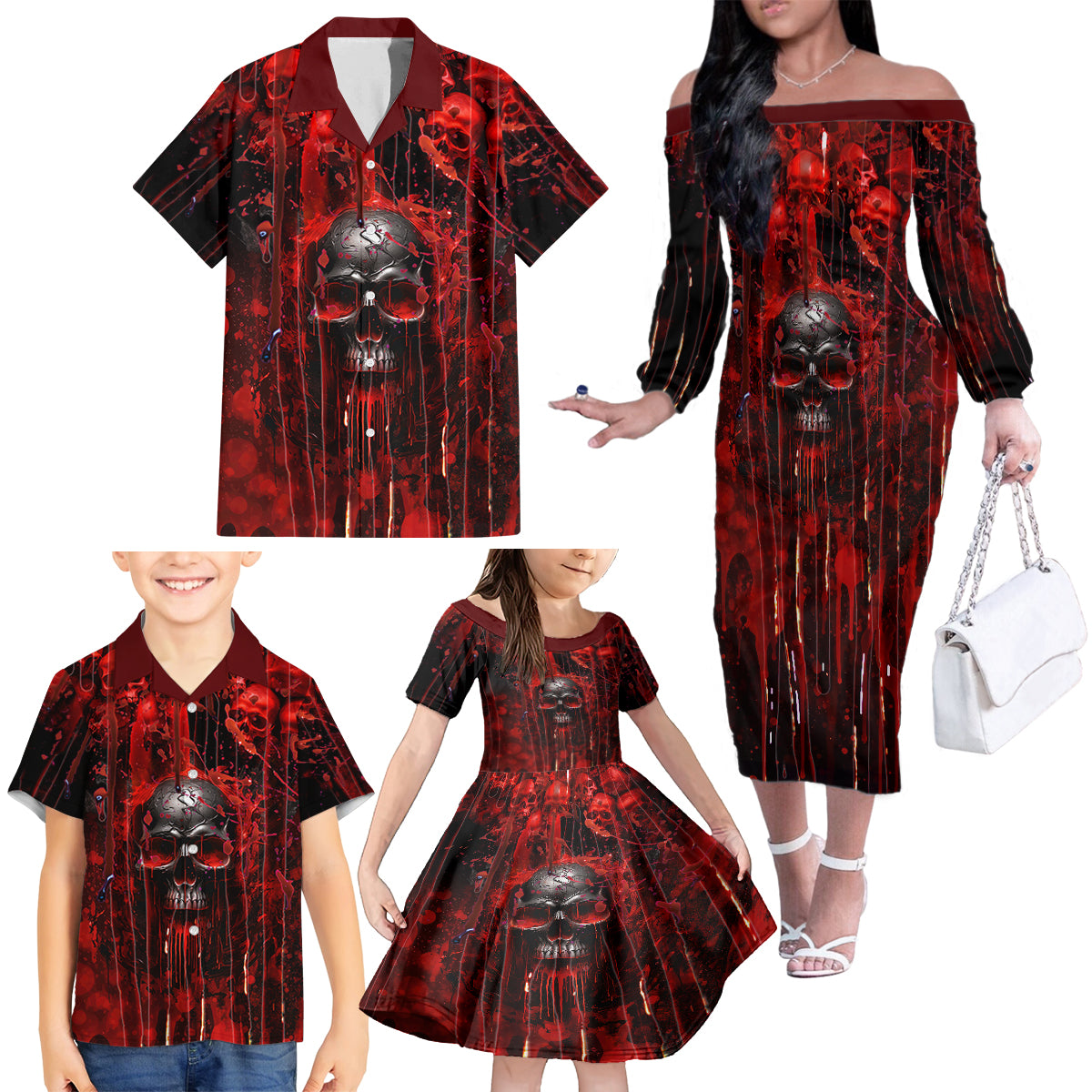 If You Kick Me When I'm Down You Better Pray I Don't Get Up Skull Family Matching Off Shoulder Long Sleeve Dress and Hawaiian Shirt - Wonder Print Shop