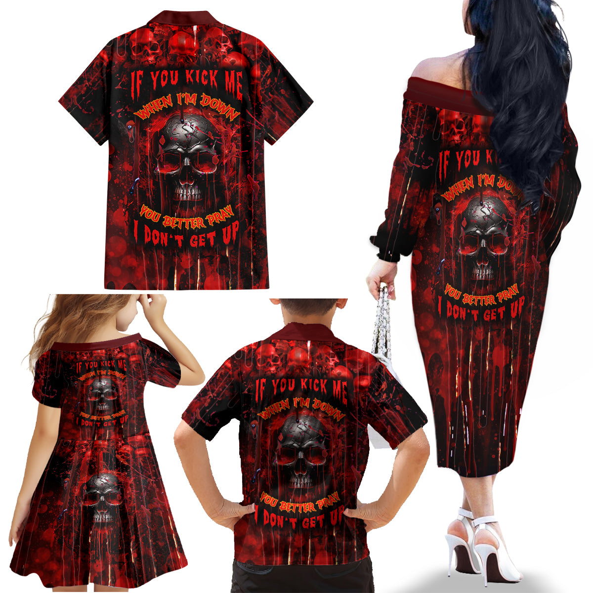 If You Kick Me When I'm Down You Better Pray I Don't Get Up Skull Family Matching Off Shoulder Long Sleeve Dress and Hawaiian Shirt - Wonder Print Shop