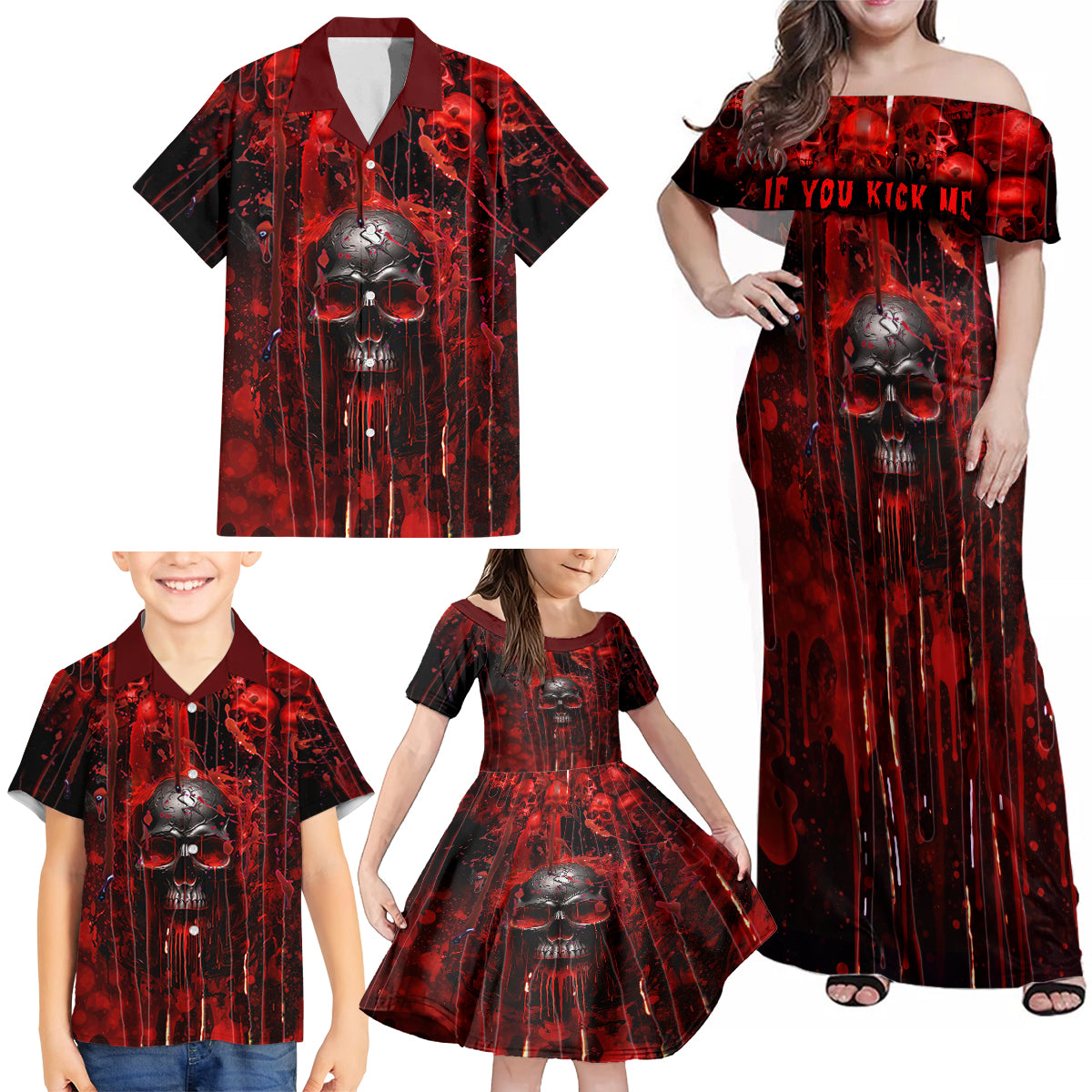 If You Kick Me When I'm Down You Better Pray I Don't Get Up Skull Family Matching Off Shoulder Maxi Dress and Hawaiian Shirt - Wonder Print Shop
